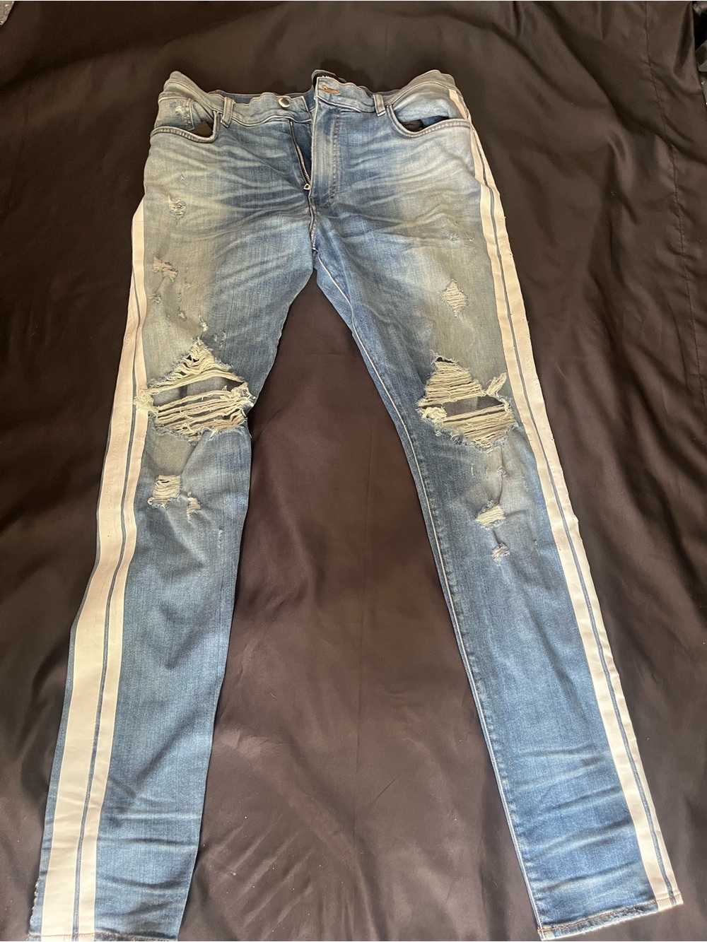 AMIRI Light Blue Distressed Skinny Jeans with White Side Stripes